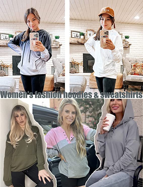 KISSMODA Solid Color Casual Hoodie Sweatshirt Drawstring Soft Cotton Pullover Long Sleeve Hooded Tops Sweatshirt for Women with Pocket Gradient Rose XLarge