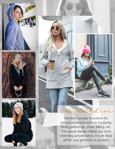 Vancavoo Hoodie Womens Long Hoodies Ladies Sweatshirts Casual Long Sleeves Zip Up Hoodie Plain Sweatshirt Plus Size Tops Shirt Pullover Warm Cardigans Autumn Jumper Jacket with Pockets(Light Gray,M)