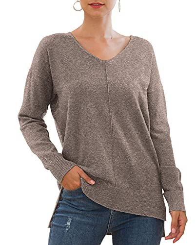 Yommay Ladies Lightweight Warm Breathable Jumper Trendy Knitted Long Sleeve Top Lightweight Comfortable V-Neck Sweatshirt for Women High-Low Hem Design,Brown,XL