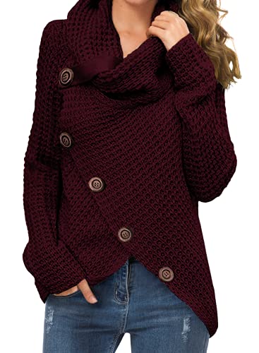 GRECERELLE Women's Winter Jumpers Knit Warm Turtle Neck Wrap Asymmetric Hem Jumper Sweater Tops with Button for Ladies (Wine Red, L)