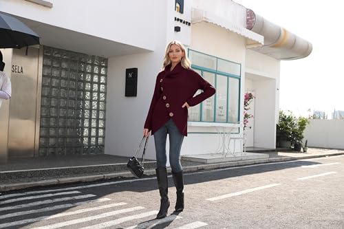 GRECERELLE Women's Winter Jumpers Knit Warm Turtle Neck Wrap Asymmetric Hem Jumper Sweater Tops with Button for Ladies (Wine Red, L)