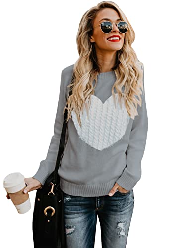 shermie Women Causal Heart Jumpers Cable Knitted Crewneck Cute Pullover Sweater, Grey(only Sell By Allifewithu), Small (UK8-10)