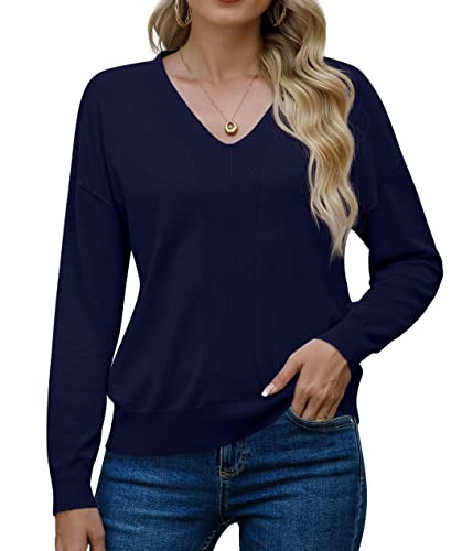 PrinStory Women's V-Neck Jumpers Long Sleeve Tops Casual Knit Pullover Warm Autumn Winter Sweater (Navy Blue, M)