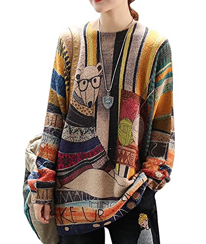YESNO Women Long Sleeve Jumpers Oversized Graphic Knitted Sweater Crew Neck Loose Vintage Pullover Sweater Tops M S01UK CR31