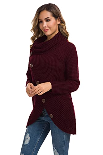 GRECERELLE Women's Winter Jumpers Knit Warm Turtle Neck Wrap Asymmetric Hem Jumper Sweater Tops with Button for Ladies (Wine Red, L)