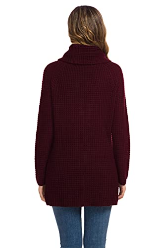 GRECERELLE Women's Winter Jumpers Knit Warm Turtle Neck Wrap Asymmetric Hem Jumper Sweater Tops with Button for Ladies (Wine Red, L)