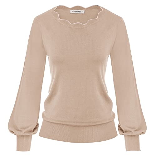 GRACE KARIN Women Blouse Vintage Scalloped Sweater Long Lantern Sleeves Pullover Knitwear Essential Pullover Sweater S