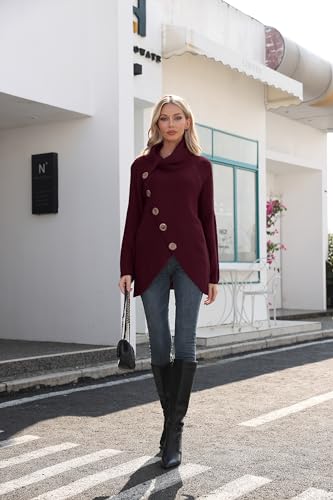 GRECERELLE Women's Winter Jumpers Knit Warm Turtle Neck Wrap Asymmetric Hem Jumper Sweater Tops with Button for Ladies (Wine Red, L)