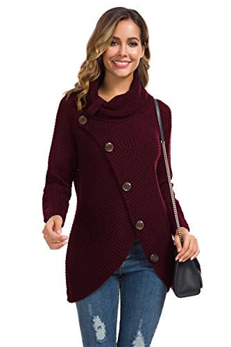 GRECERELLE Women's Winter Jumpers Knit Warm Turtle Neck Wrap Asymmetric Hem Jumper Sweater Tops with Button for Ladies (Wine Red, L)