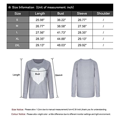 shermie Women Causal Heart Jumpers Cable Knitted Crewneck Cute Pullover Sweater, Grey(only Sell By Allifewithu), Small (UK8-10)