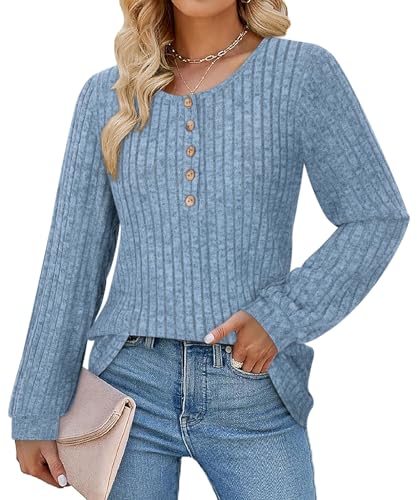Gemulate Womens Jumper Clearance Long Sleeve Tops Womens Round Neck Jumpers Ladies Lightweight Sweatshirt Ribbed Top Fall and Winter Outfits-Blue, XXL