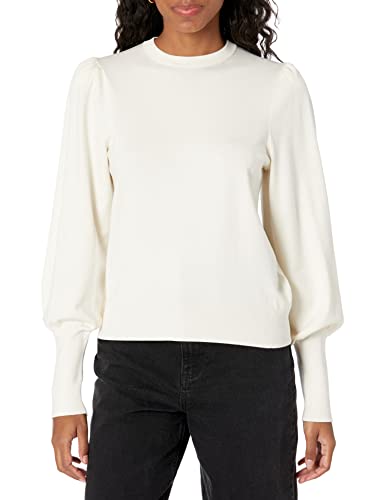 The Drop Women's Vivienne Padded Shoulder Balloon-Sleeve Crewneck Sweater, Whisper White, XL