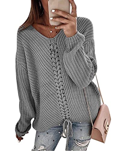 Hormtaer Women's Jumper Winter Warm Sweater V Neck Knit Long Sleeve Causal Loose Pullover Long Sleeve Causal Loose Sweatshirt Grey