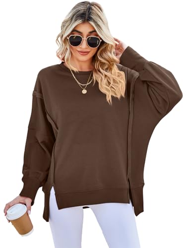 SotRong Ladies Sweatshirts Without Hood Long Sleeve Crewneck Oversized Sweatshirt Side Slit Long Sleeve Pullover Slouchy Fit Y2K Tops Coffee XL