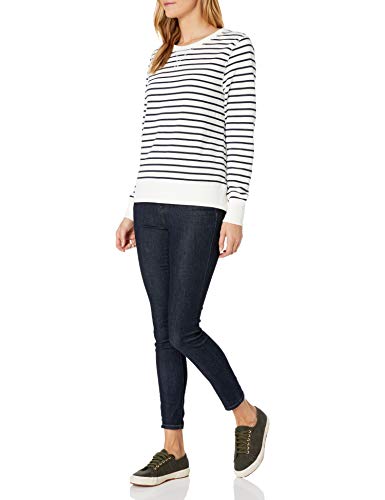 Amazon Essentials Women's French Terry Fleece Crewneck Sweatshirt (Available in Plus Size), Navy White Horizontal Stripes, M