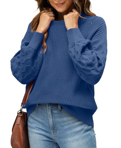 Aokosor Ladies Jumper Knit Ribbed Sweatshirt for Womens Crew Neck Sweater Blue Size 10-12