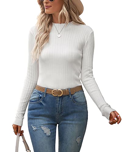 OUGES Women's Mock Turtle Neck Lightweight Jumpers Soft Ribbed Sweater Knitted Long Sleeve Top(White, L)