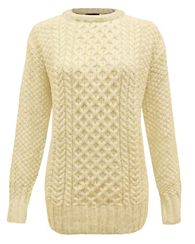 Generation Fashion New Ladies Women Aran Knit Long Sleeve Crew Neck Knitted Cable Jumper Sweater Pullover Top 8-30[Cream, SM]