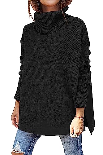 Womens Casual Loose Tunic Sweaters Turtleneck Batwing Long Sleeve Oversized Knit Jumper Black