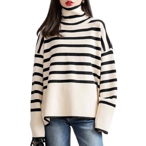 Barkeni Women's Turtleneck Long Sleeve Striped Sweater Casual Loose Knit Colour Block Knitwear Pullover Jumper Tops (OneSize, White)