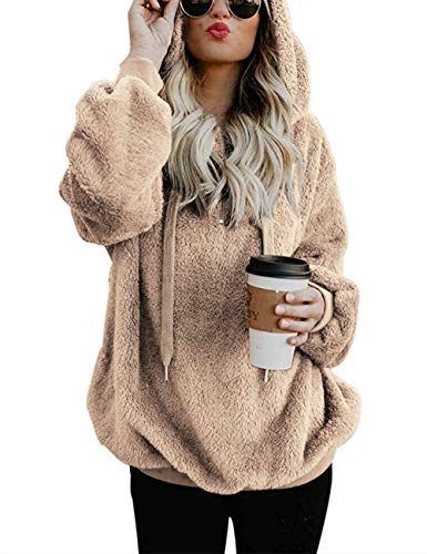 iWoo Fluffy Hoodies Women Winter Sweater Cotton Sweatshirts for Womens Casual Fuzzy Zipper Pullovers for Women Stylish(Khaki,L)
