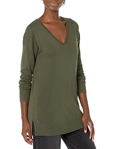 Amazon Essentials Women's Lightweight Long-Sleeved V-Neck Tunic Sweater (Available in Plus Size), Dark Olive, XXL