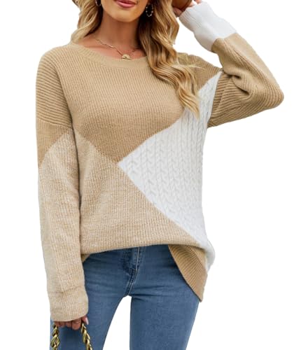 Women Long Sleeve Tops Contrast Color Jumpers Tops Casual Sweatshirts Crewneck Comfort Fashion Autumn Winter(Khaki,Medium)