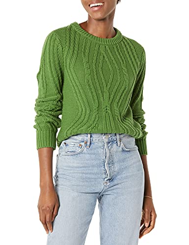 Amazon Essentials Women's 100% Cotton Crewneck Cable Jumper, Green, M