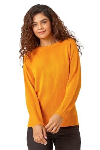 Roman Originals Soft Jumper for Women UK Ladies Winter Autumn Sweater Knit Knitwear Round Crew Neck Top Plain Lightweight Comfy Long Sleeve Split Hem Everyday Daywear - Amber - Size 10