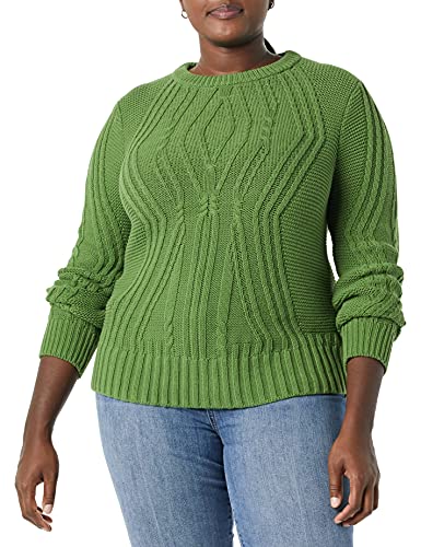 Amazon Essentials Women's 100% Cotton Crewneck Cable Jumper, Green, M
