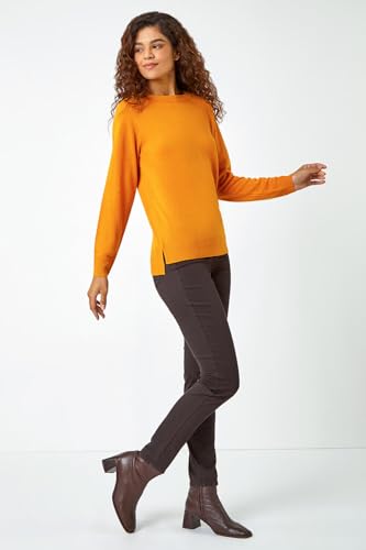 Roman Originals Soft Jumper for Women UK Ladies Winter Autumn Sweater Knit Knitwear Round Crew Neck Top Plain Lightweight Comfy Long Sleeve Split Hem Everyday Daywear - Amber - Size 10