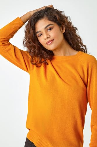Roman Originals Soft Jumper for Women UK Ladies Winter Autumn Sweater Knit Knitwear Round Crew Neck Top Plain Lightweight Comfy Long Sleeve Split Hem Everyday Daywear - Amber - Size 10