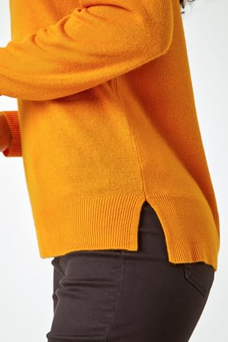 Roman Originals Soft Jumper for Women UK Ladies Winter Autumn Sweater Knit Knitwear Round Crew Neck Top Plain Lightweight Comfy Long Sleeve Split Hem Everyday Daywear - Amber - Size 10