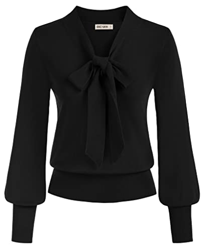 GRACE KARIN Autumn Elastic Pullover for Women V-Neck Long Sleeve Lightweight Sweater Work Office Knit Tops Black L