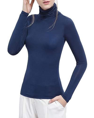 Zueauns Womens Polo Stretch Roll High Neck Long Sleeves T-Shirt Ladies Thermal Underwear Turtle Neck Top Shirt Tee Blue