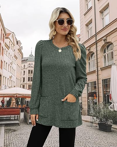 Aokosor Long Sleeve Tops Women Lightweight Jumpers Ladies Sweatshirts with Pockets Green Size 18-20