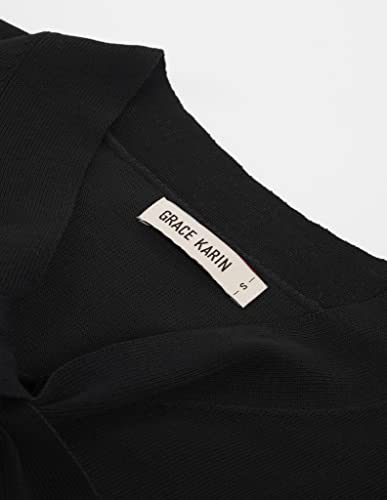 GRACE KARIN Autumn Elastic Pullover for Women V-Neck Long Sleeve Lightweight Sweater Work Office Knit Tops Black L