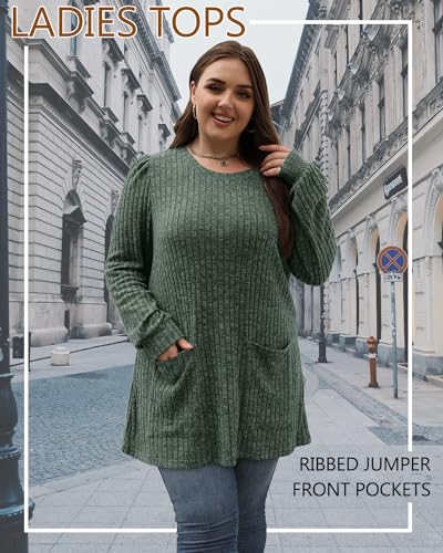 Aokosor Long Sleeve Tops Women Lightweight Jumpers Ladies Sweatshirts with Pockets Green Size 18-20