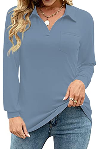 KINGFEN Women's Golf Polo Shirts V Neck Long Sleeve Fall Stretch Shirts Athletic Shirts with Pocket Blue Size 20