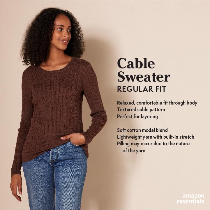 Amazon Essentials Women's Lightweight Long-Sleeved Cable Crewneck Sweater (Available in Plus Size), Dark Green, L