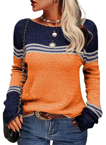 Tankaneo Women Colorblock Pullover Jumper Crew Neck Striped Slim Fit Knitwear Tops Sweater for Autumn Winter Orange