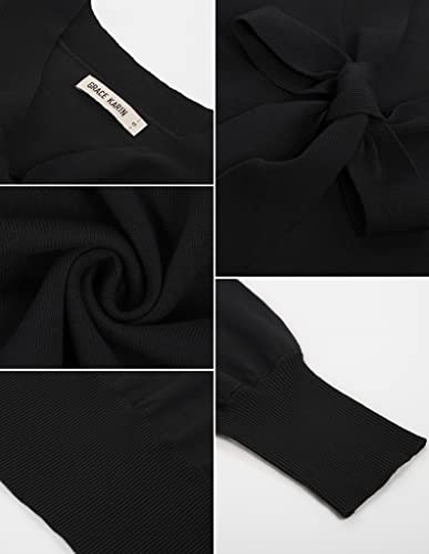 GRACE KARIN Autumn Elastic Pullover for Women V-Neck Long Sleeve Lightweight Sweater Work Office Knit Tops Black L