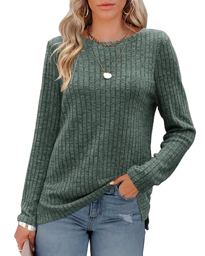 Jumpers for Women, Fuzzy Sweater, Ladies Fall Crewneck Side Split Tops, Plain Striped Sweatshirt, Cozy Long Sleeve Basic Vacation Green Blouse Size 14 16