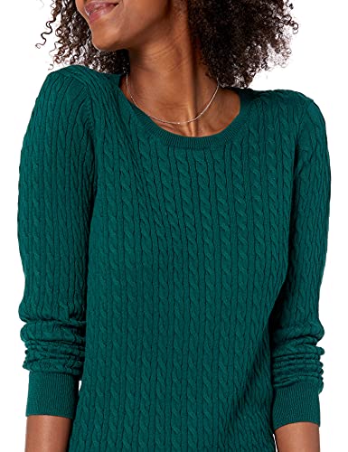 Amazon Essentials Women's Lightweight Long-Sleeved Cable Crewneck Sweater (Available in Plus Size), Dark Green, L