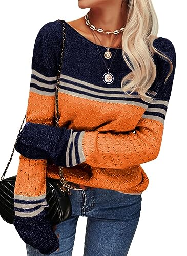 Tankaneo Women Colorblock Pullover Jumper Crew Neck Striped Slim Fit Knitwear Tops Sweater for Autumn Winter Orange