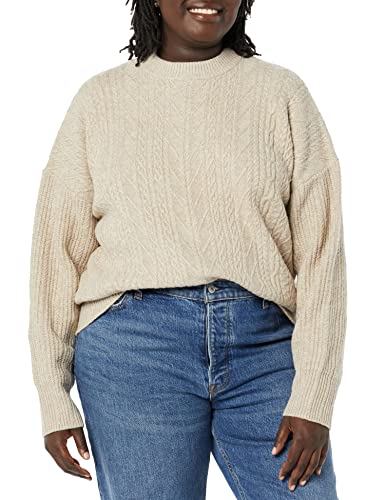 Amazon Essentials Women's Soft-Touch Modern Cable Crewneck Sweater (Available in Plus Size), Tan Heather, L