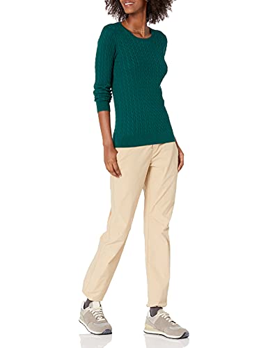 Amazon Essentials Women's Lightweight Long-Sleeved Cable Crewneck Sweater (Available in Plus Size), Dark Green, L