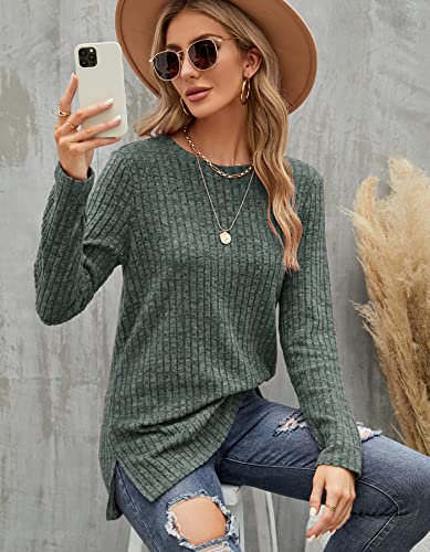 Jumpers for Women, Fuzzy Sweater, Ladies Fall Crewneck Side Split Tops, Plain Striped Sweatshirt, Cozy Long Sleeve Basic Vacation Green Blouse Size 14 16