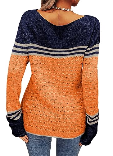 Tankaneo Women Colorblock Pullover Jumper Crew Neck Striped Slim Fit Knitwear Tops Sweater for Autumn Winter Orange