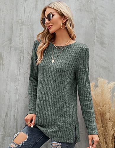 Jumpers for Women, Fuzzy Sweater, Ladies Fall Crewneck Side Split Tops, Plain Striped Sweatshirt, Cozy Long Sleeve Basic Vacation Green Blouse Size 14 16
